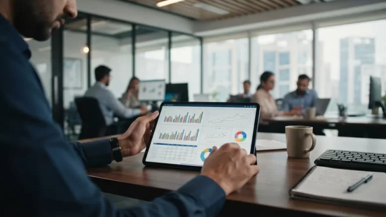Digital tablet displaying financial statistics and market charts on a desk