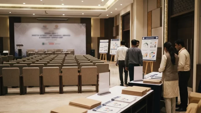 A professional financial seminar hall set up for an investor outreach camp in Bhopal