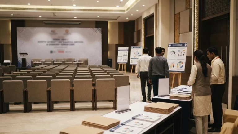 A professional financial seminar hall set up for an investor outreach camp in Bhopal