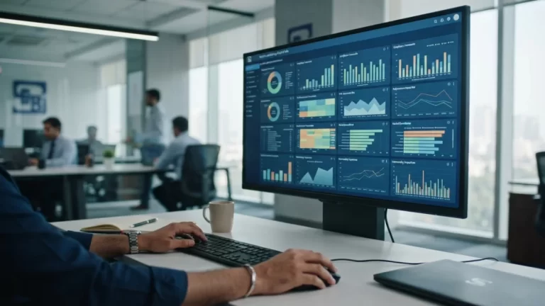 A modern computer display showing financial compliance and risk metrics in an office setting.