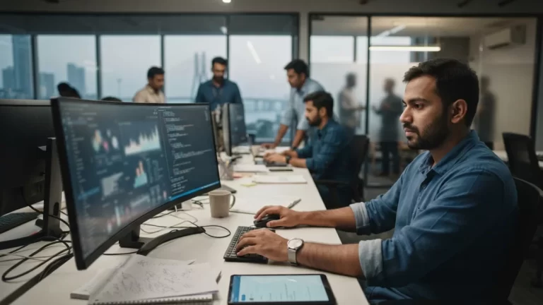 Digital workspace displaying financial data analytics and technology charts representing innovation