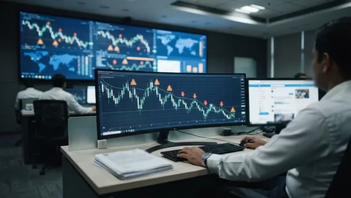 Digital financial charts and warning indicators representing regulatory alerts on market broadcasts